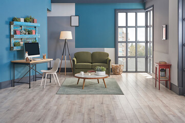 Decorative blue and grey wall background, home decoration interior style with sofa carpet middle table frame and working desk style.