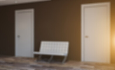 doctor's office. large windows in a hospital with city views. armchairs for visitors.. 3D rendering. Sunset. Abstract blur phototography