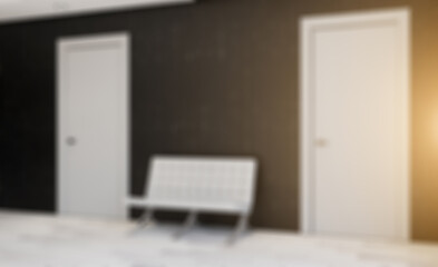 hotel lobby. large windows with city views. armchairs for visitors. 3D rendering. Sunset. Abstract blur phototography