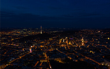 Obraz premium Aerial view on Lviv, Ukraine at night from drone