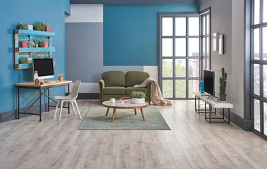 Modern television room, blue background, bookshelf on the wall, furniture green and grey sofa, carpet and middle table decoration, interior style.