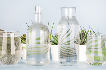 plants in pots distorted through water in glasses and bottle on blue background. Home decor, eco friendly, relax, gardening concept. Nature background