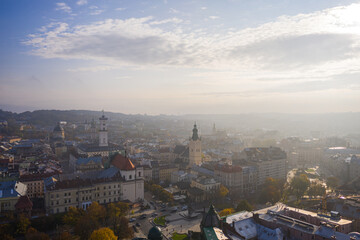  Aerial view on Jesuit Church, City Hall and Latin Cathedral in Lviv, Ukraine from drone