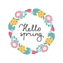  Spring floral wreath of delicate pastel plants, twigs and buds with hand-written inscription - hello spring. Vector illustration isolated on white background in doodle style