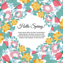 Greeting card or banner template in trendy romantic style. Vector frame with floral pattern and editable hand-drawn spring flowers inscription