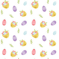 
Seamless pattern with Easter eggs and a basket. Multicolored hand-drawn vector illustration. Endless texture for Easter design