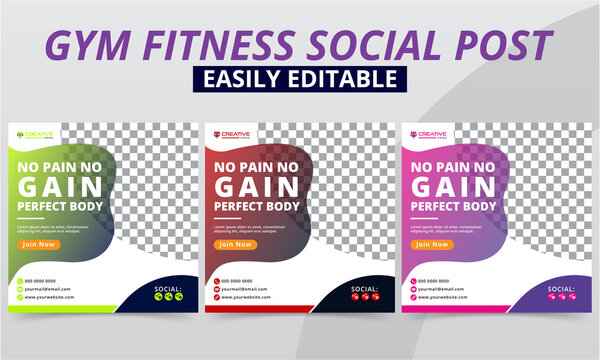 Creative fitness gym social media post editable vector templates for workout studio & club promo kit design. Premium geometric bodybuilding, sports & yoga social media post square layouts banner.