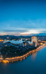 Aerial photograph of night scene of West Lake in Huizhou City, Guangdong Province, China