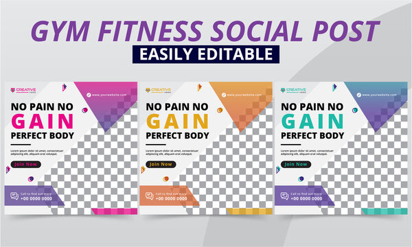 Creative fitness gym social media post editable vector templates for workout studio & club promo kit design. Premium geometric bodybuilding, sports & yoga social media post square layouts banner.