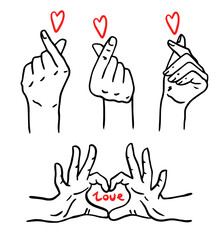 Korean heart sign. Finger love symbol. Happy Valentines Day. I love you hand gesture. Vector illustration. Self love. Korean heart design for print greeting cards, banner, poster