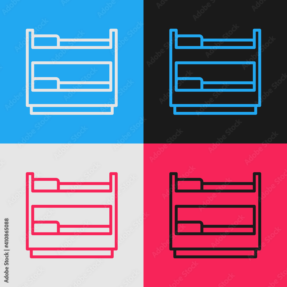 Sticker Pop art line Bunk bed icon isolated on color background. Vector.