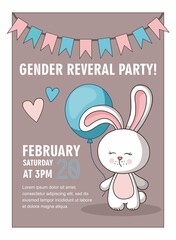 Gender party card template. Rabbit with blue balloon.