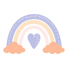 Boho Nursery Rainbow in trendy Scandinavian style, isolated on a white background. Cute hygge illustration for poster, textile, greeting card, kids playroom wall decor. Hand drawn prints and doodle