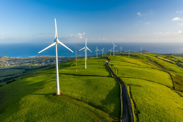 Aerial view of the wind turbine on the beautiful Terceira Island of Azores archipelagos, Portugal.