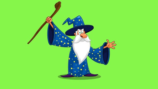 Wizard Cartoon Character With A Cane Casting A Spell. 4K Animation Video Motion Graphics On Green Screen Background