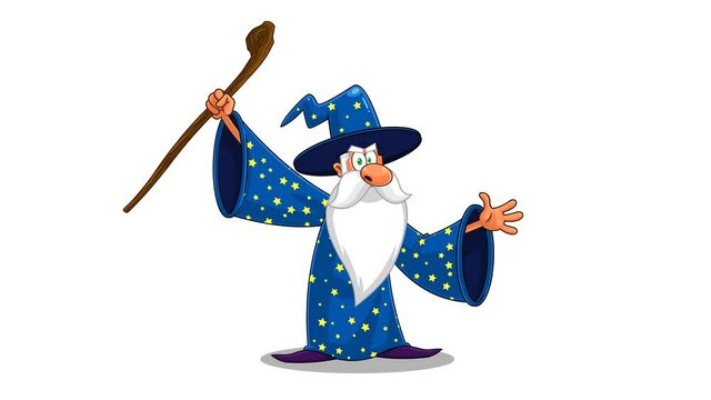 Wizard Cartoon Character With A Cane Casting A Spell. 4K Animation Video Motion Graphics With White Background 