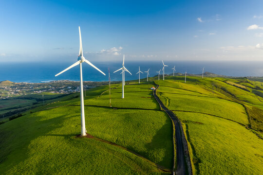 Aerial view of the wind turbine on the beautiful Terceira Island of Azores archipelagos, Portugal.