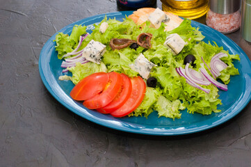 Salad with octopus or squid, cheese, tomato, olives, onions, spices and croutons, sauce or oil on blue plate, copy space.