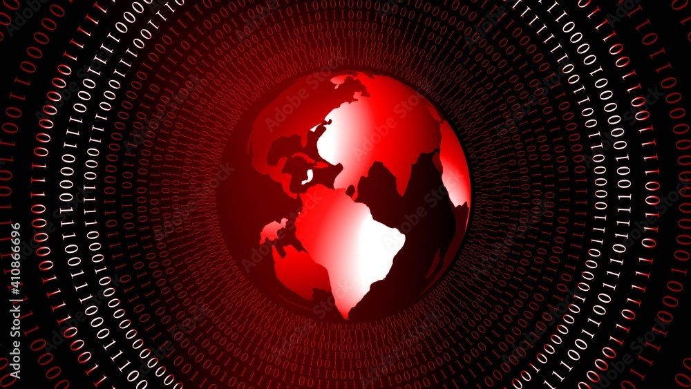 Poster abstract background with earth globe in red - rings of binary code arranged in cylinder shape - glob