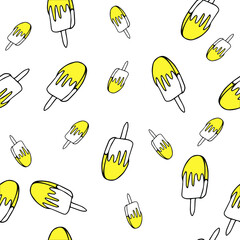 Pattern with ice cream drawn with contour lines doodle. Vector illustration in linear style for wrapping paper. Sweet cartoon illustration. Doodle texture dessert food.