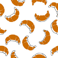 Croissant Pattern. Desserts. Vector illustration. Background food. Wallpaper texture bakery. Bread. Doodle.