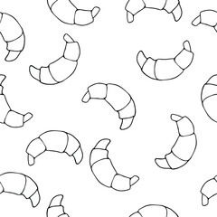 Croissant Pattern. Desserts. Vector illustration. Background food. Wallpaper texture bakery. Bread. Doodle.