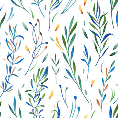 Isolated watercolor seamless floral pattern with green and blue plants on white background