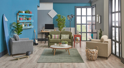 Blue and grey wall background green furniture sofa and armchair, working table background, poster wooden bookshelf, interior room design.