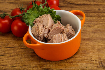 Canned tuna fillet in the bowl
