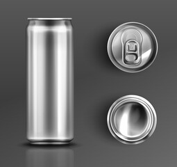 Tin can with open key front, top and bottom view set. Cylinder metal jar with lid, silver colored aluminium canister for cold drinks isolated on grey background, Realistic 3d vector icons, clip art