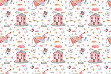 watercolor set of patterns motorcycle in the city and houses