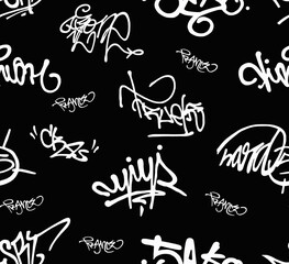 Abstract background with beautiful calligraphic signatures on a black background.Seamless pattern.