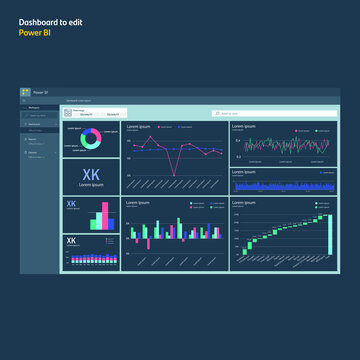Dashboard with graphs and charts. Power bi analysis. Report to edit. EPS10