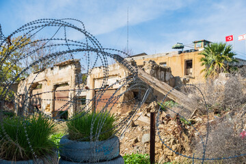 Barbed wire and a sentry post at the UN buffer zone (Green line) in divided Nicosia, Cyprus