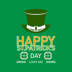 Vector illustration of St Patrick's day. Green hat and Leprechaun clover design element with green wish lettering. for background, simple poster, eps 10