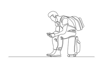 Fototapeta na wymiar Continuous line drawing of traveler man sitting with luggage. Single one line art concept of tourist walking with suitcase. Vector illustration