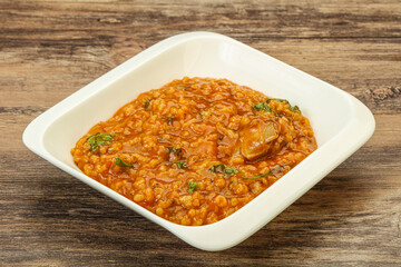 Traditional Georgian Kharcho soup with meat