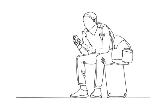 recommend clip art: Continuous line drawing of traveler man sitting with luggage. Single one line art concept of tourist walking with suitcase. Vector illustration