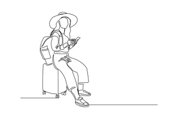 Continuous line drawing of traveler woman sitting with luggage. Single one line art concept of tourist walking with suitcase. Vector illustration