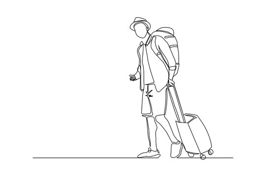 Continuous Line Drawing Of Traveler Man With Luggage. Single One Line Art Concept Of Tourist Walking With Suitcase. Vector Illustration