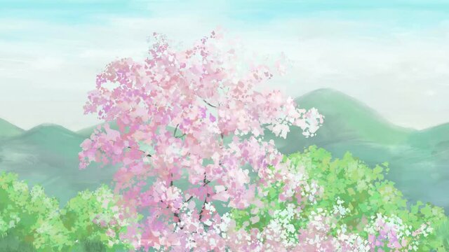 Sakura bloom cartoon animation moving anime sunny background parallax