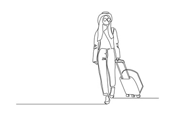 Continuous line drawing of traveler woman with luggage. Single one line art concept of tourist walking with suitcase. Vector illustration