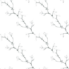Seamless pattern with hand drawn plant. Botanical background with diagonal branches. Floral backdrop for textile, wrapping paper, packaging.
