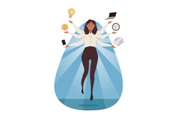 Multitasking, business efficiency, overload concept. Young confident effective overloaded afrcian amercian businesswoman manager leader standing with many hands. Professional competence illustration.