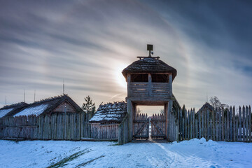 Halo effect around the sun at the settlement of Trade Factory, Pruszcz Gdanski. Poland