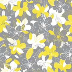Vector yellow grey flowers leaves seamless pattern