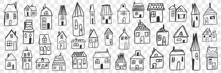 Various houses and buildings doodle set. Collection of hand drawn small one floored houses buildings for living isolated on transparent background. Illustration of architecture and exterior 