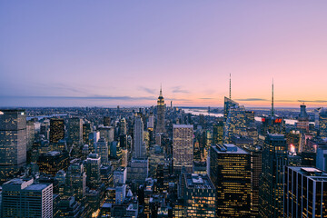 overview of skyscrapers and sunset in new york