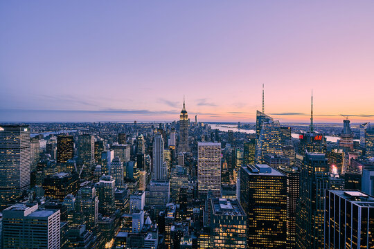 overview of skyscrapers and sunset in new york