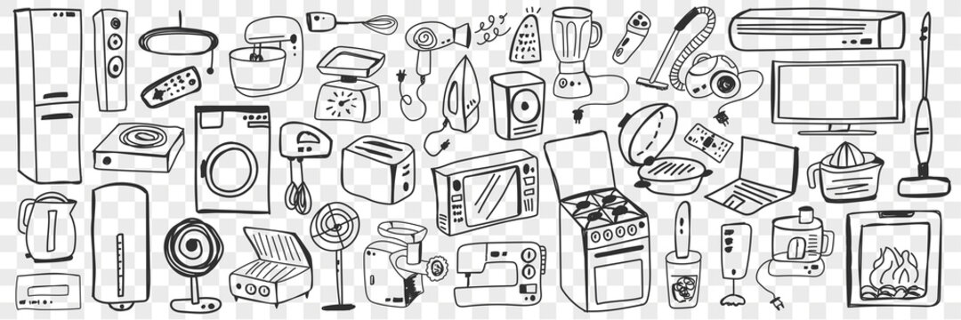 Various household appliance doodle set. Collection of hand drawn fan oven vacuum cleaner mixer washing machine microwave refrigerator blender sewing machine for home isolated on transparent background